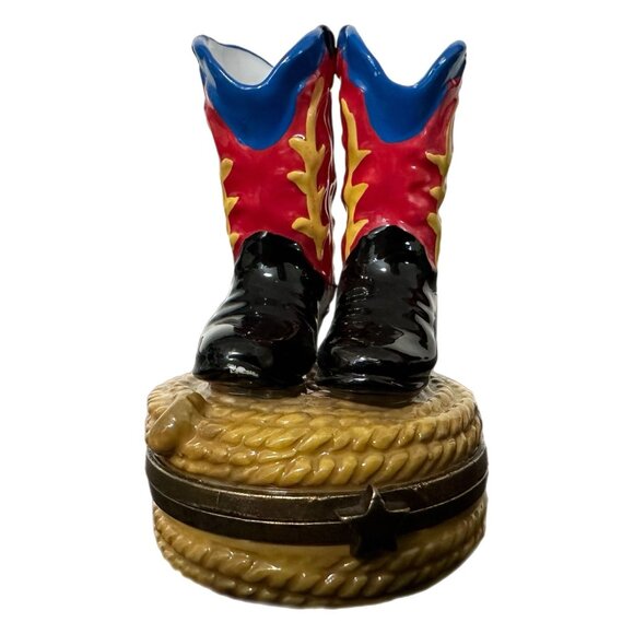 Midwest Cannon Falls Cowboy Boots Lasso Porcelain 2.5” Hinged Trinket Box Snake - Picture 1 of 7